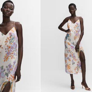 Mango Side-slit satin dress in tropical floral print